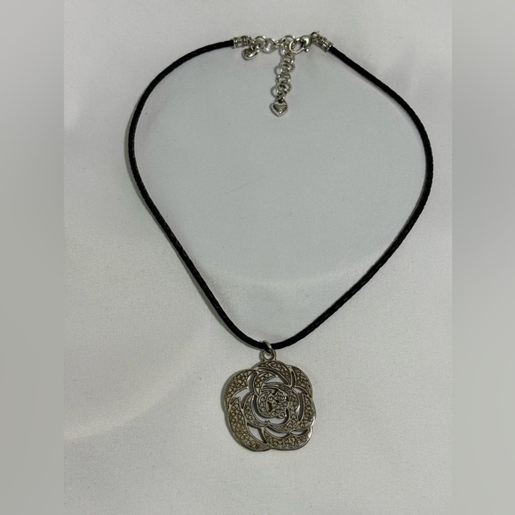 Brighton Silver Plated Carved Rose on  Woven  Leather  16-18” Necklace - Picture 3 of 4